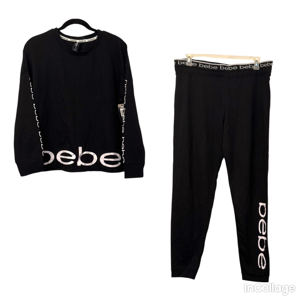 Bebe Lounge Set Logo Long Sleeve Shirt & Pants Black & White